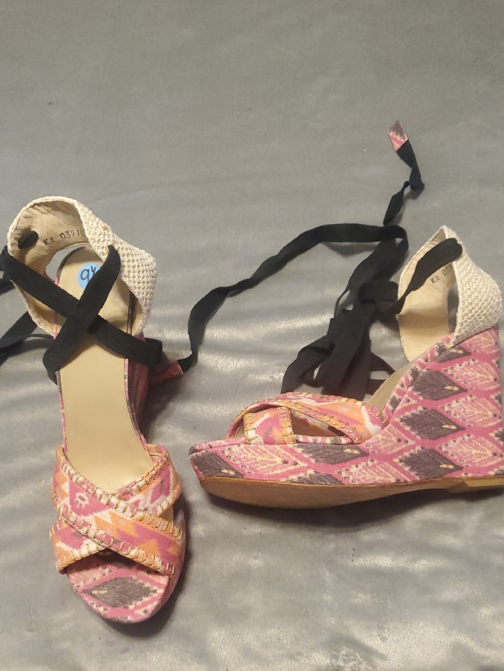 Theodora & Callum Pink Patterned Espadrille Wedge Sandals with Black Ankle Ties